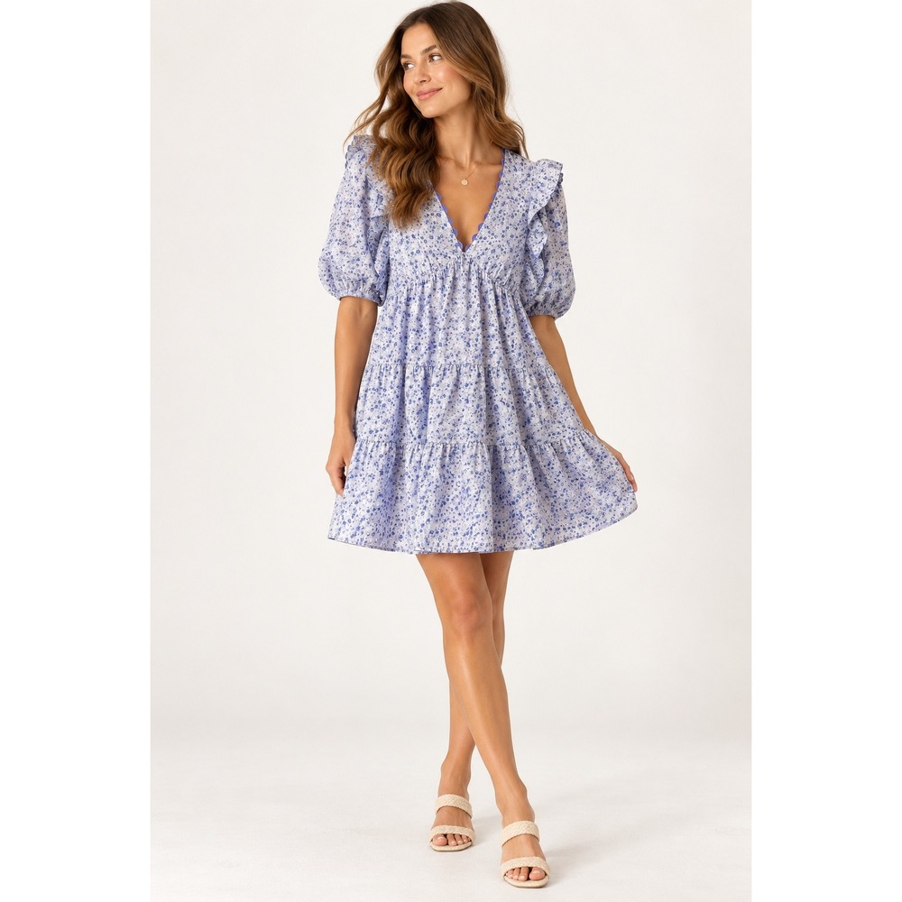 Tuckernuck Hyacinth House Periwinkle Floral Ric Rac Trim Tiered Mini Dress Large